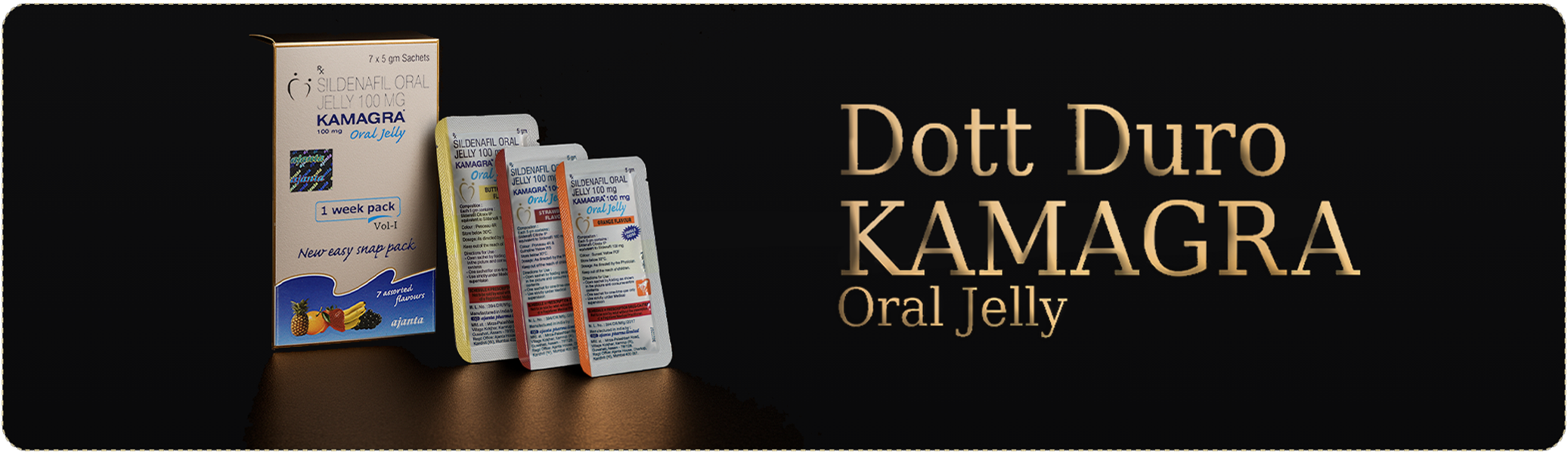 Dott Duro — Kamagra Oral Jelly: confezione e bustine su fondo nero & oro (stile Clinico-Lusso)